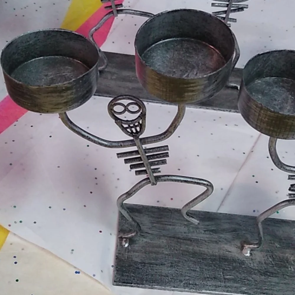 Set of 2 Skeleton Halloween Candle tealight Metal Stands